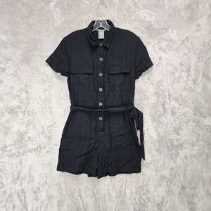 Matty M Black Linen Blend‎ Belted Romper Womans S Utility Coastal Cargo Summer